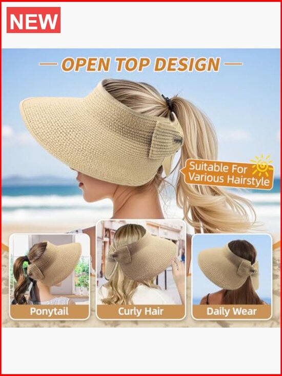 Wide Brim Straw Sun Hat with Open Top for Ponytail - Foldable Travel Beach Hat